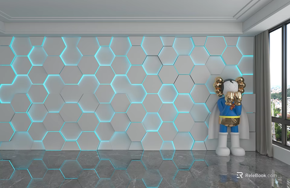 Hexagonal Background Wall With Illuminated Blue Lighting And Cartoon Figure Decoration 3d model 
