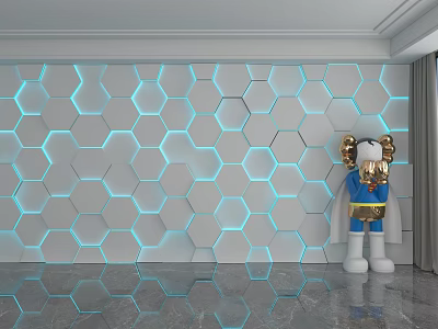 Hexagonal Background Wall With Illuminated Blue Lighting And Cartoon Figure Decoration 3d model