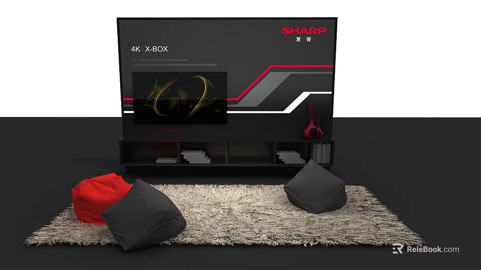 Contemporary TV Wall With Sharp 4K XBOX Screen And Bean Bags On Carpet 3d model 