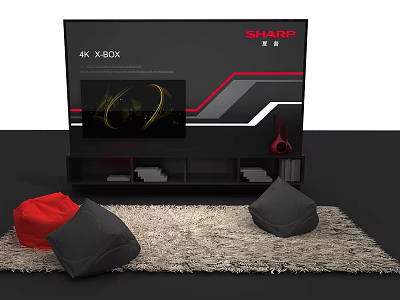 Contemporary TV Wall With Sharp 4K XBOX Screen And Bean Bags On Carpet 3d model