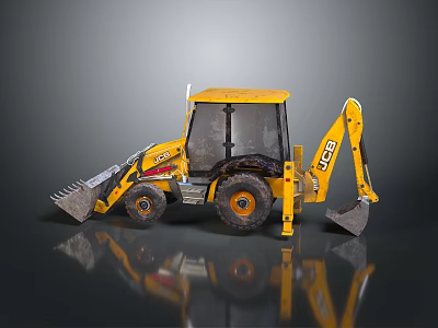 Yellow JCB Backhoe Loader With Large Tires On Reflective Black Surface 3d model
