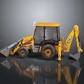 Yellow JCB Backhoe Loader With Large Tires On Reflective Black Surface 3d model