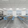 Spacious School Cafeteria With Blue Chairs White Ceiling And Large Windows 3d model
