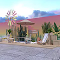 Colorful Windmill Outdoor Seating Area With Umbrella Cacti Plants And Stone Pavement