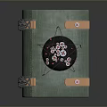 Green Electronic Notebook With Leather Straps And Black Circular Pattern Design