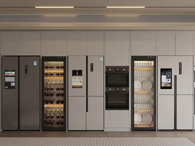 Modern Kitchen With Built in Appliances Refrigerator Wine Cooler Oven And Glass Cabinets 3d model