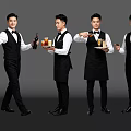 Group of Professional Male Waiters in Black Vests Serving Drinks on Trays