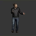 Man In Bun Hairstyle Black Jacket Blue Jeans Brown Shoes Open Hands Gray Background