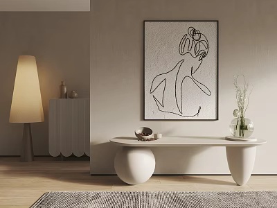Abstract Painting Line Drawing Female Figure in Modern Interior with Console Table and Decorative Vase 3d model