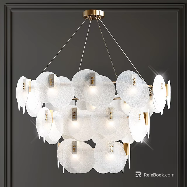 Modern White Circular Disc Chandelier With Golden Metal Accents And Light Reflections 3d model 