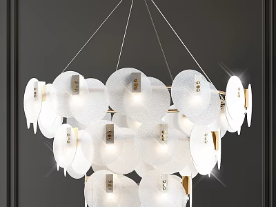 Modern White Circular Disc Chandelier With Golden Metal Accents And Light Reflections 3d model