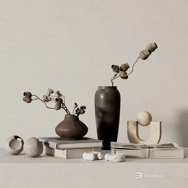 Minimalist Decorative Ornament Set with Ceramic Vases Dried Branches Stacked Books and Geometric Stone Ornaments 3d model 