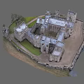 Ancient European Castle Architecture With Stone Walls Courtyard And Towers