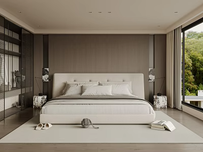 Modern Bedroom Interior Design With Wooden Wall King Bed And Natural Window View 3d model