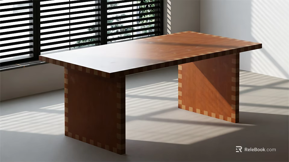 Wooden Dining Table With Rectangular Top Square Legs Checkerboard Design Window Blinds Sunlight Shadows 3d model