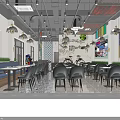 Modern Restaurant Interior With Pendant Lights Tables Chairs Green Plants Bicycle Decor And Tiled Floor