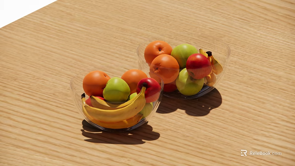 Two Glass Bowls of Fresh Fruits Bananas Oranges Red and Green Apples on Wooden Table 3d model 