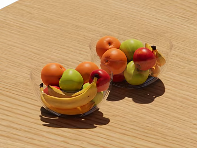 Two Glass Bowls of Fresh Fruits Bananas Oranges Red and Green Apples on Wooden Table 3d model