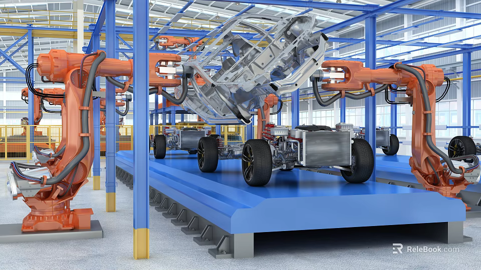 Automotive Production Line With Robotic Arms Assembling Car Chassis And Wheels On Blue Platform 3d model 