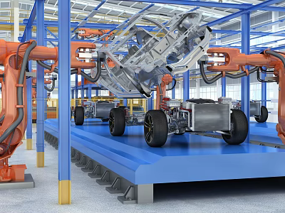 Automotive Production Line With Robotic Arms Assembling Car Chassis And Wheels On Blue Platform 3d model