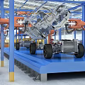 Automotive Production Line With Robotic Arms Assembling Car Chassis And Wheels On Blue Platform