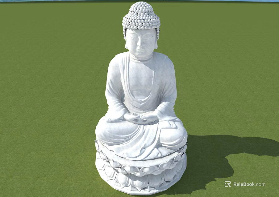 White Stone Buddha Sculpture in Sitting Posture with Lotus Base on Green Grass 3d model 