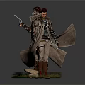 Detailed Game Movie Character Figures With Long Coat Holding Pistol Standing On Stone Grass Base