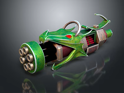 Green Dragon Shaped Weapon with Multiple Barrels Red Accents and Metallic Parts 3d model Green Dragon Shaped Weapon with Multiple Barrels Red Accents and Metallic Parts 3d model