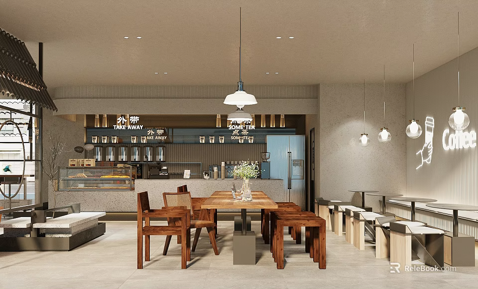 Modern Tea House Interior With Wooden Furniture Pendant Lights And Cozy Seating 3d model 