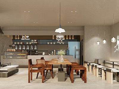 Modern Tea House Interior With Wooden Furniture Pendant Lights And Cozy Seating 3d model