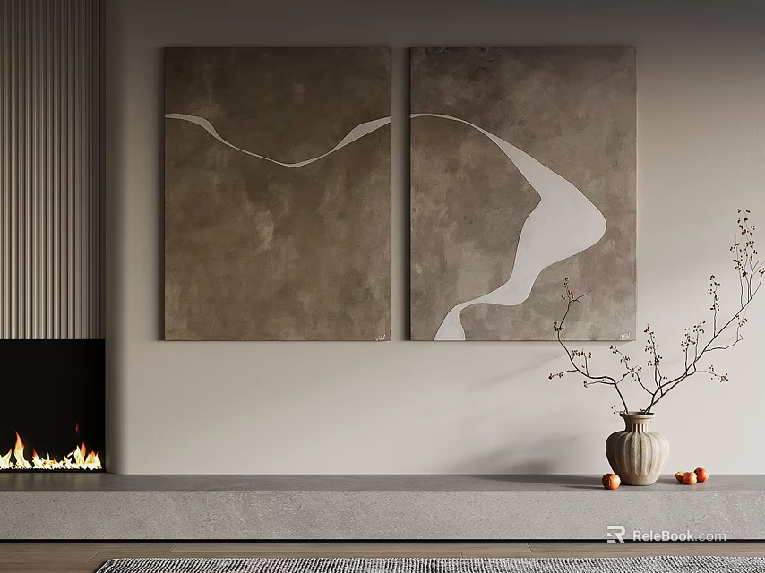 Abstract Paintings Side By Side On Light Wall With Fireplace Flames Vase Branches Small Objects 3d model