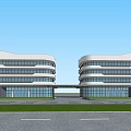 Twin Modern Office Building Exterior With Glass Walls Multiple Floors Front Lawn And Blue Sky