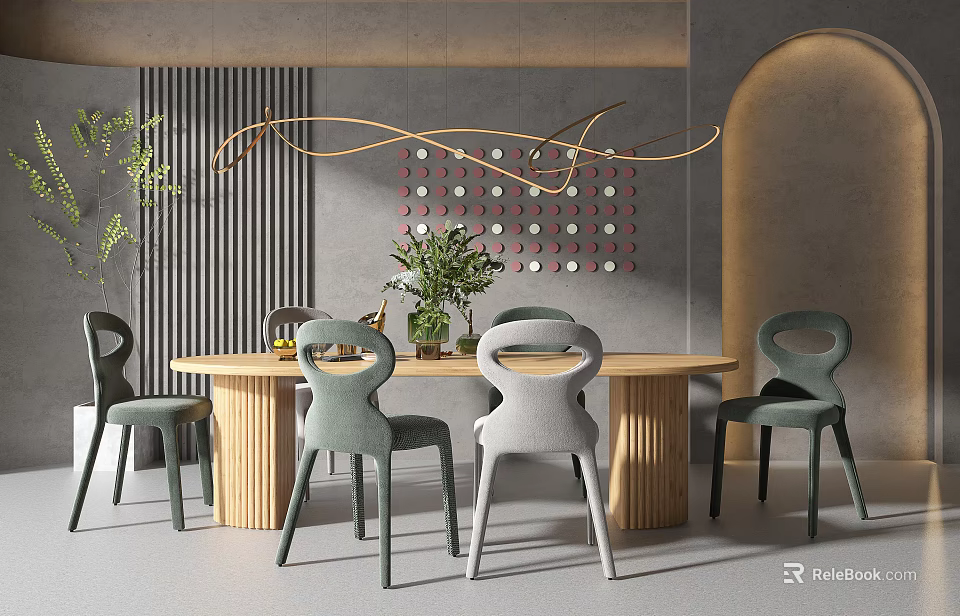 Modern Dining Table Set With Wooden Top Green Chairs Geometric Wall Decor And Pendant Light 3d model 