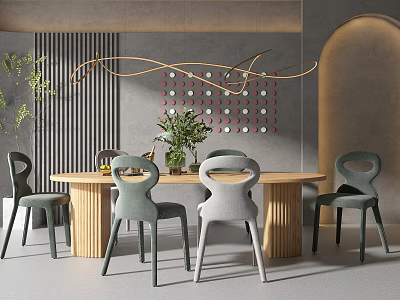 Modern Dining Table Set With Wooden Top Green Chairs Geometric Wall Decor And Pendant Light 3d model