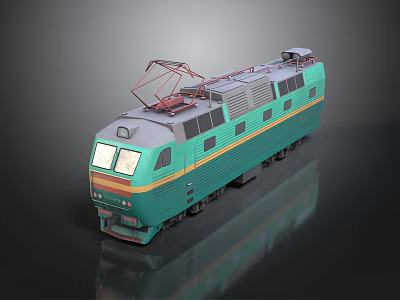 Green Electric Train Model with Yellow Stripes Red Pantograph and Dark Background Reflection 3d model