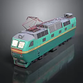 Green Electric Train Model with Yellow Stripes Red Pantograph and Dark Background Reflection