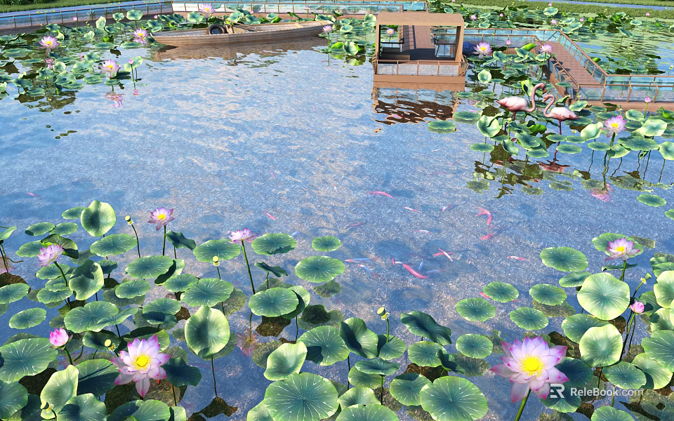 Tranquil Pond Scenery With Water Lilies Fish And Wooden Structures 3d model 