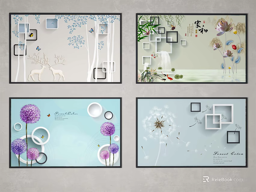 Decorative Plant Paintings With Geometric Frames Floral And Nature Elements 3d model