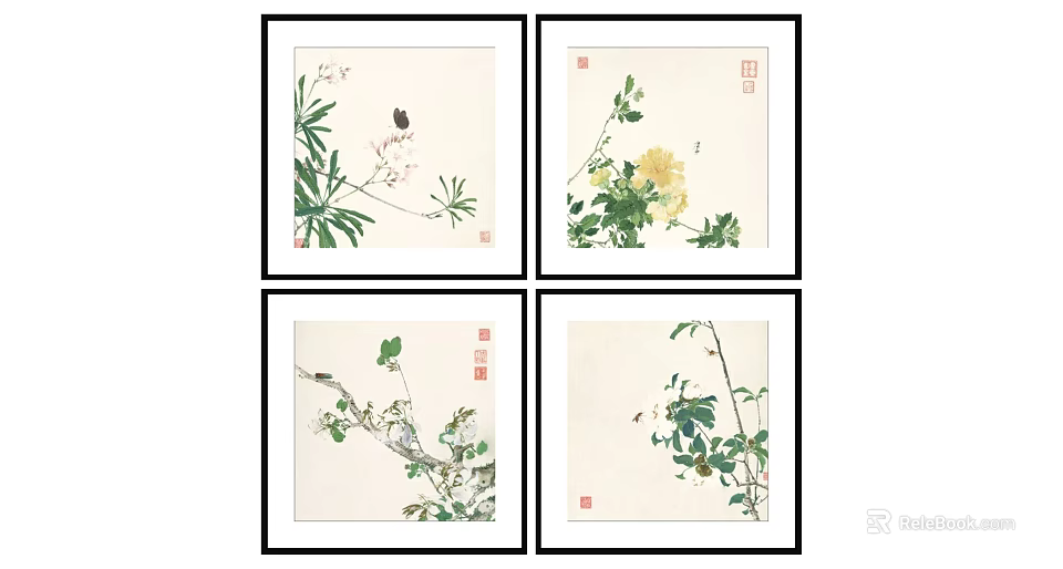 Four Pieces of Chinese Style Botanical Paintings in Black Frames with Plants and Small Animals 3d model 