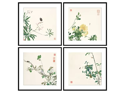 Four Pieces of Chinese Style Botanical Paintings in Black Frames with Plants and Small Animals 3d model