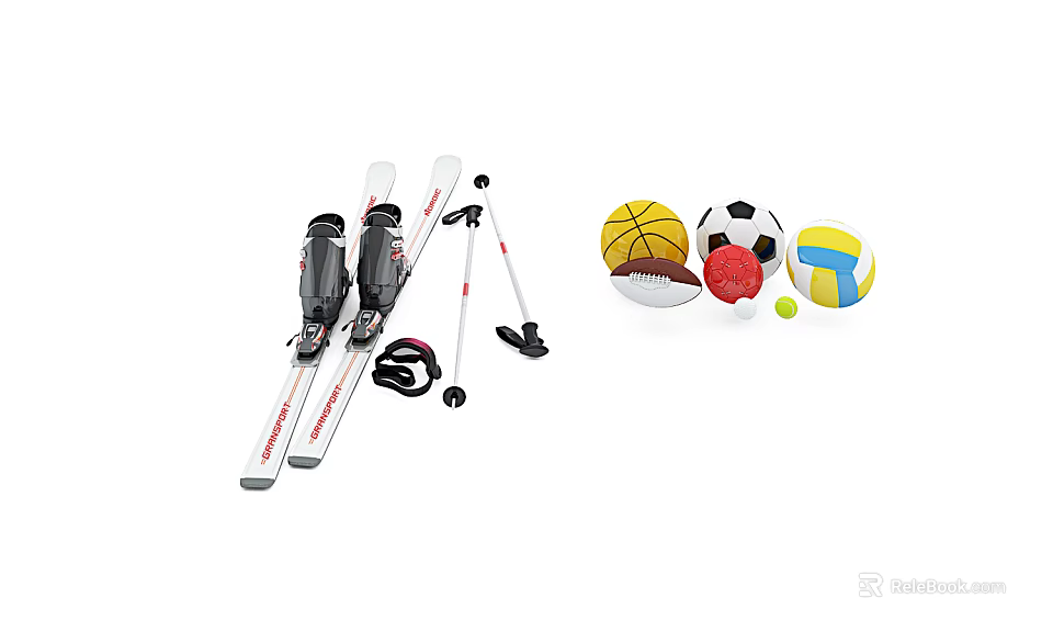 Sports Equipment Collection Featuring Skis Poles Boots Basketball Soccer Volleyball and Small Green Ball 3d model 
