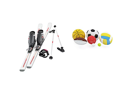 Sports Equipment Collection Featuring Skis Poles Boots Basketball Soccer Volleyball and Small Green Ball 3d model