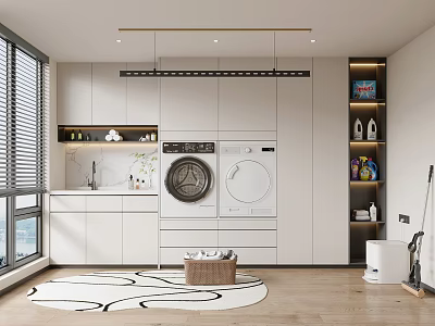 Modern Home Balcony With White Cabinets Washing Machine Blinds Storage Shelves And Patterned Rug 3d model
