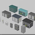 Various Types Of Industrial Electrical Equipment With Warning Signs And Colored Roofs