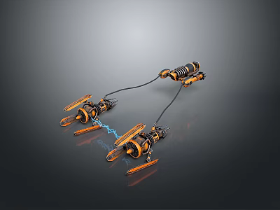 Orange And Black Mechanical Device With Robotic Arms Spring And Connecting Wires 3d model