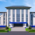 Modern Office Building With White Facade Blue Awning And Symmetrical Design
