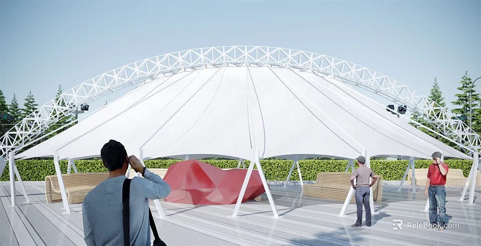 Tensile Membrane Architectural Structure With Steel Frame Greenery And People Viewing 3d model 