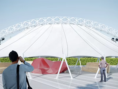 Tensile Membrane Architectural Structure With Steel Frame Greenery And People Viewing 3d model