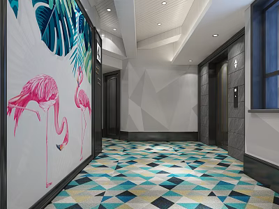 Modern Elevator Hallway With Colorful Geometric Carpet Flamingo Art And Tropical Leaves 3d model