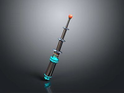 Black Weapon With Orange Top Silver Spring And Blue Base On Dark Reflective Surface 3d model